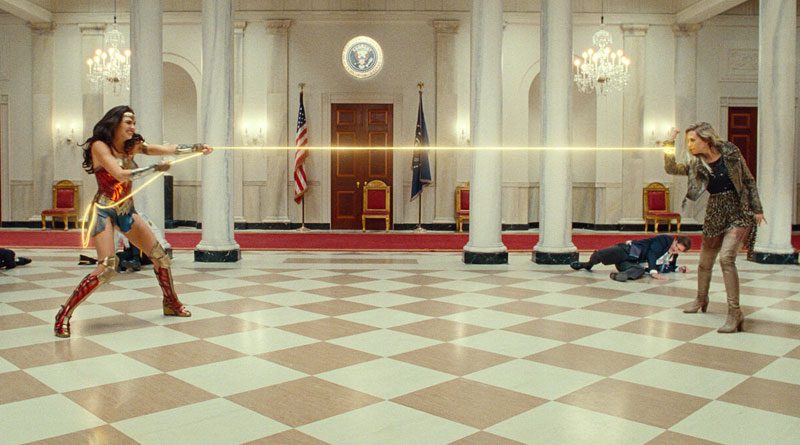 A battle scene between Wonder Woman (Gal Gadot) and Barbara (Kristen Wiig) in "Wonder Woman 1984"