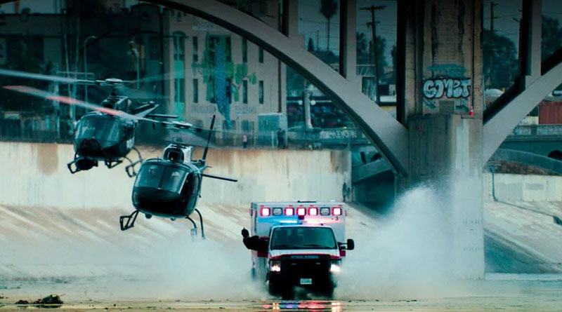 The LA River chase sequence in "Ambulance" (2022)