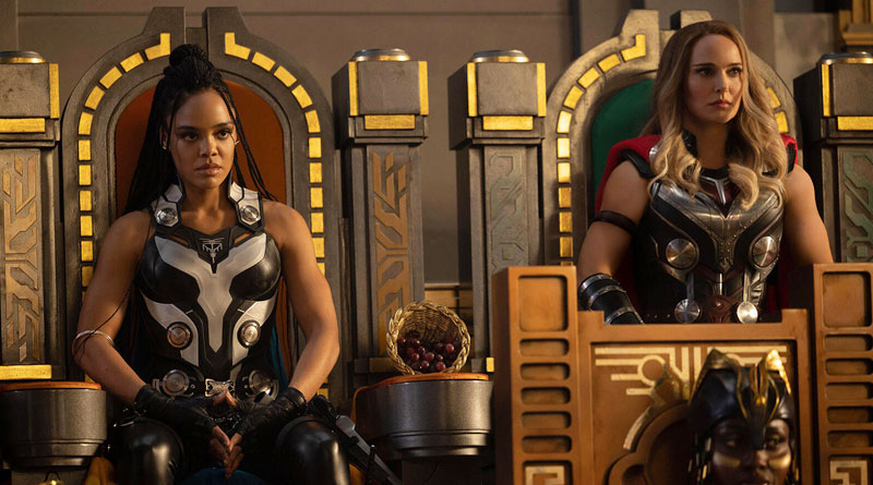 Valkyrie (Tessa Thompson) and Jane Foster/Mighty Thor (Natalie Portman) in "Thor: Love and Thunder" (2022)