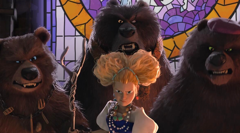 Goldilocks (Florence Pugh) and the three bears in "Puss in Boots: The Last Wish" (2022)