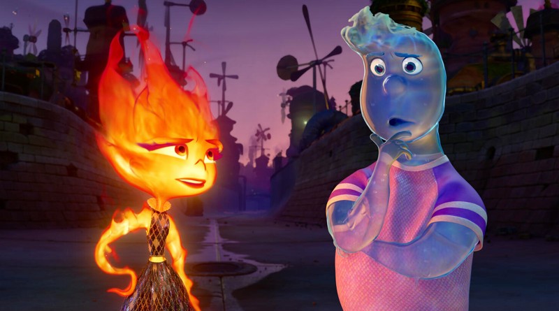 Ember Lumen (voiced by Leah Lewis) and Wade Ripple (Mamoudou Athie) in "Elemental" (2023)