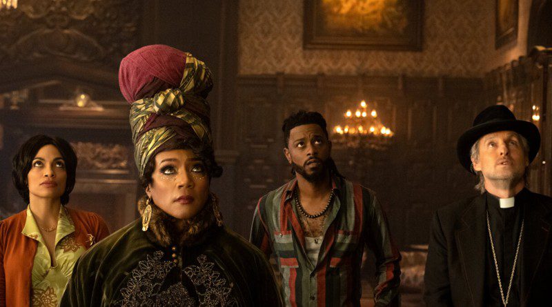 (L-R) Rosario Dawson, Tiffany Haddish, LaKeith Stanfield and Owen Wilson in "Haunted Mansion" (2023)