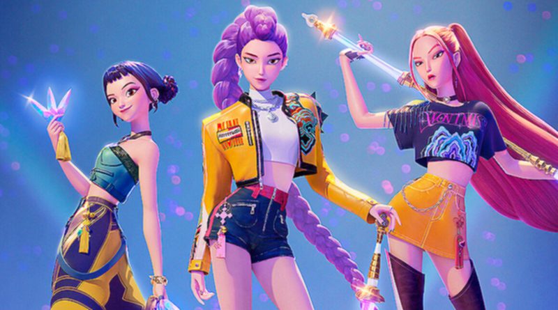 (L-R) Zoey (Yoo Ji-Young), Rumi (voiced by Arden Cho) and Mira (May Hong) in Netflix's "KPop Demon Hunters" (2025)