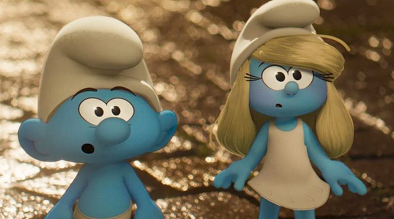 No Name Smurf (voiced by James Corden) and Smurfette (Rihanna) in "Smurfs" (2025)