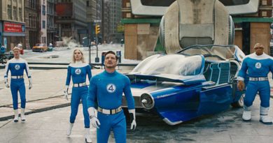 (L-R) Joseph Quinn, Vanessa Kirby, Pedro Pascal and Ebon Moss-Bachrach in "The Fantastic Four: First Steps" (2025)